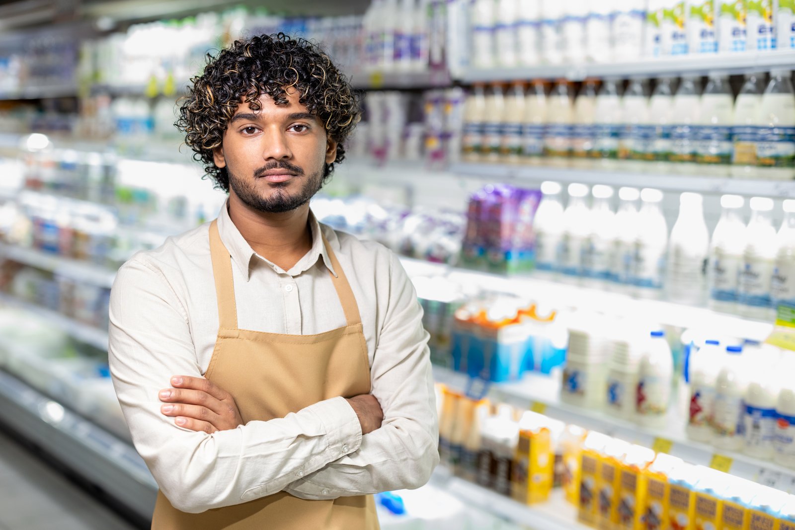Young South Asian student in an apron working part-time in a Malaysian mini market aisle