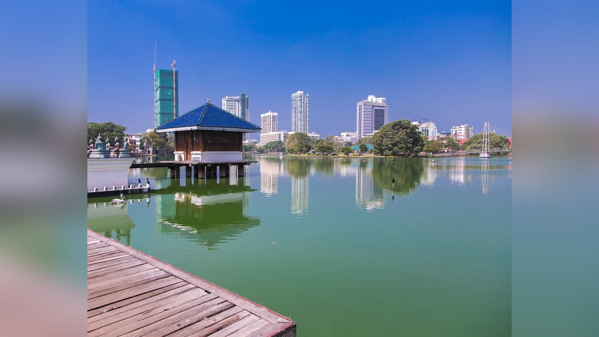 Seema Malaka temple on Beira Lake with the Colombo skyline behind it, Sri Lanka