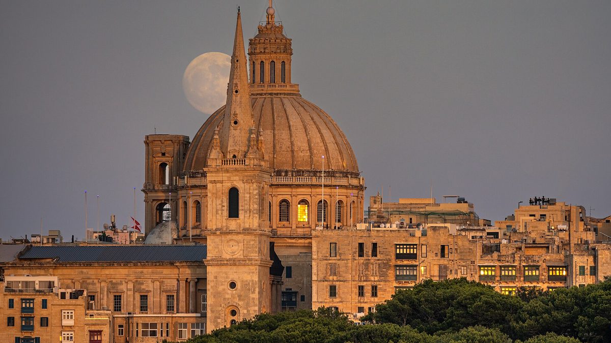 Valletta skyline seen from Gżira at dusk, Malta